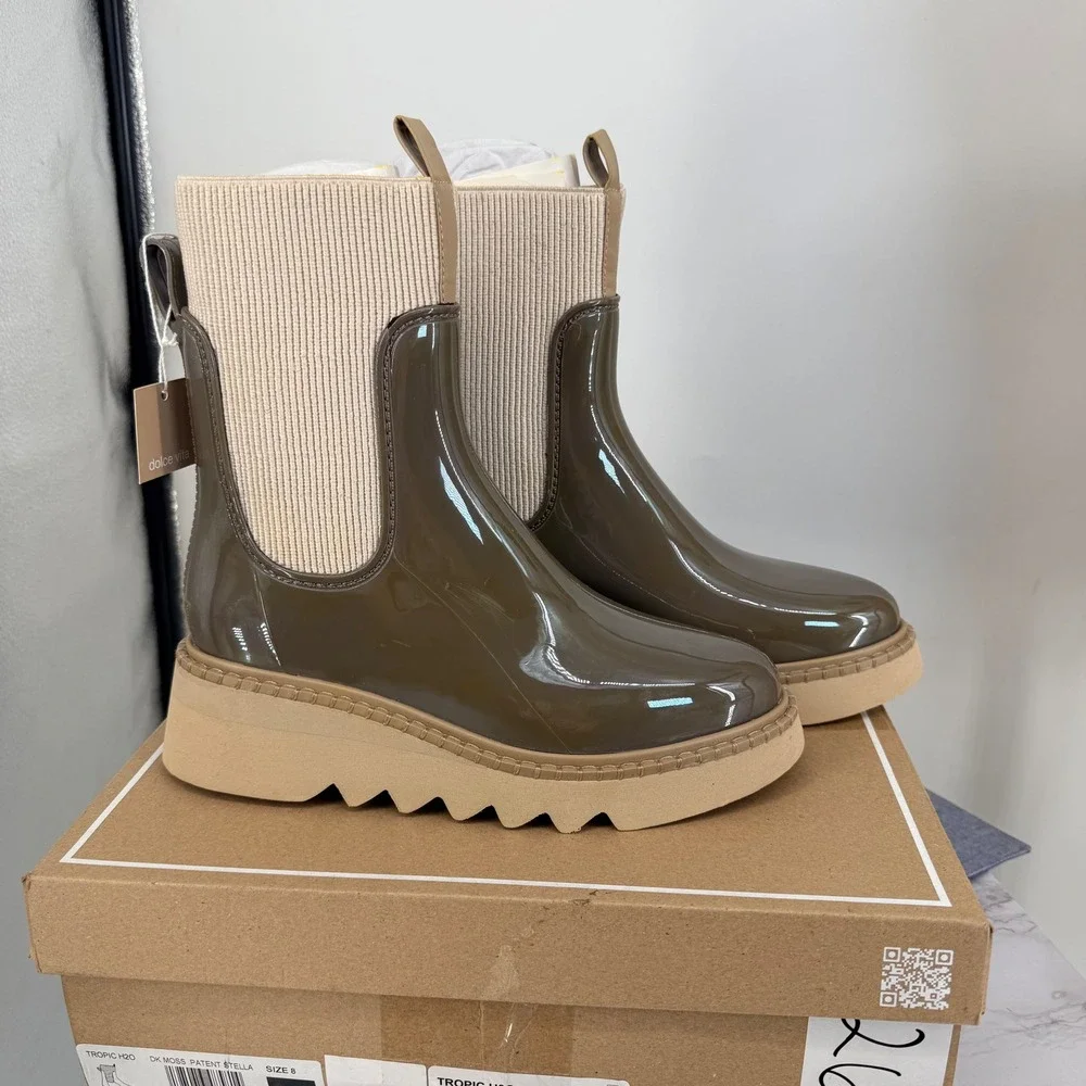 Dolce Vita Tropic H2O Rain Boots Women 8 Dark Moss Patent Stella Waterproof Lug‎